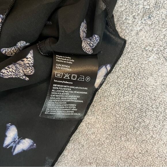 H&M Divided Black Blue Butterfly Sheer Flounce-Trimmed Chiffon Blouse Size Small - Picture 8 of 9